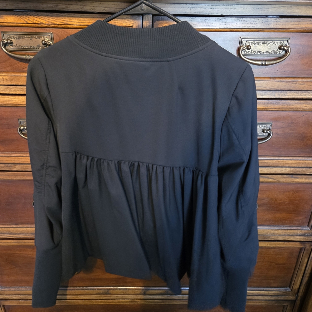 Peace Love World Cropped Black Bomber Jacket with Ribbed Collar & Gathered Back